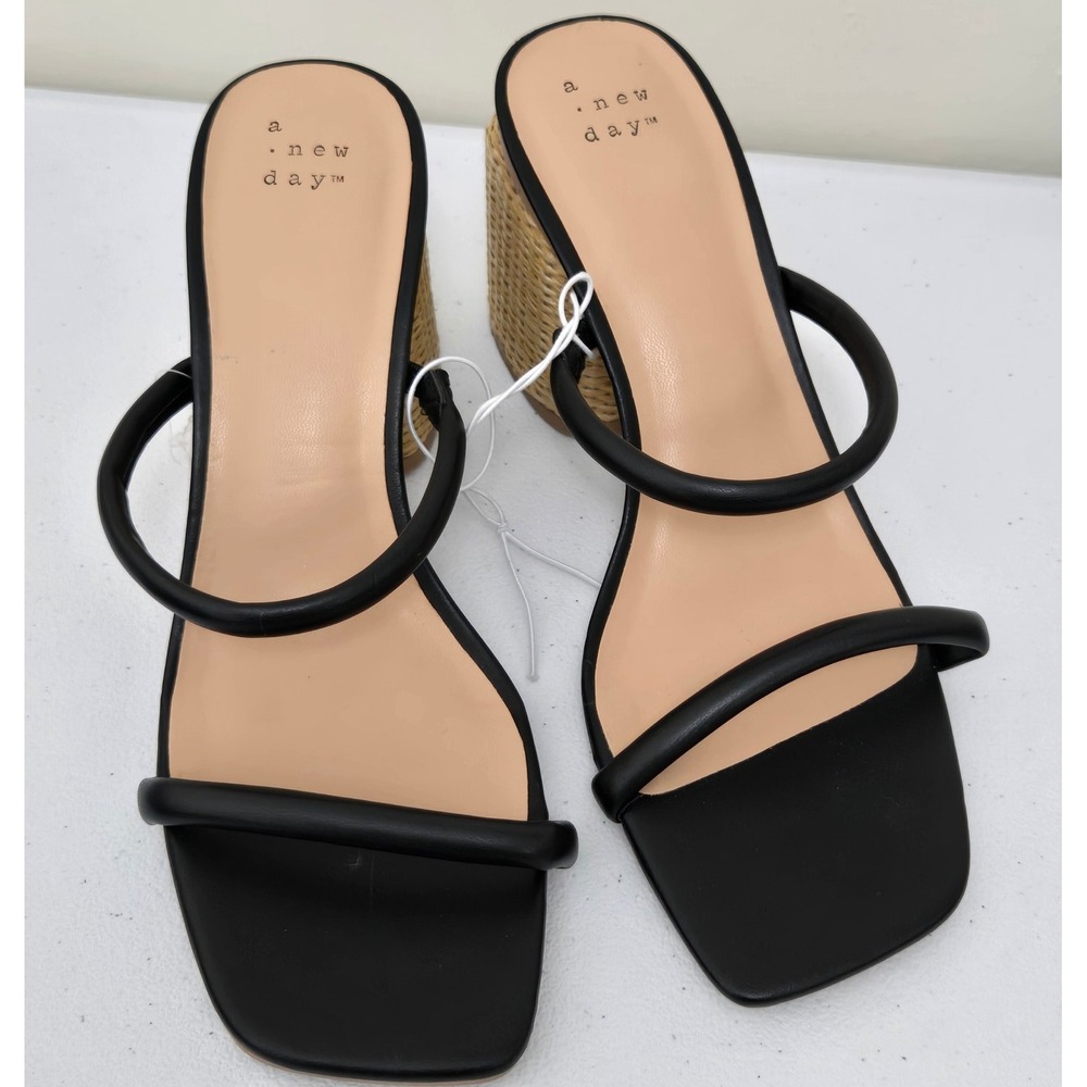 A New Day Black Square Toe Block Heel Slide‎ Sandals Women's Size 9.5